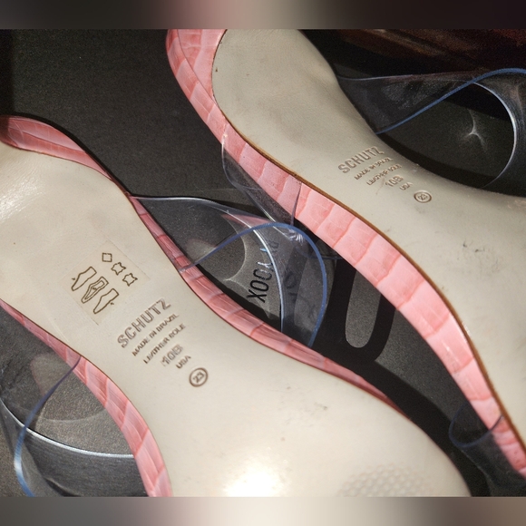SCHUTZ PINK REPTILE LEATHER & LUCITE DOUBLE STRAP SLIDE SANDALS 10 NEW - Picture 7 of 12